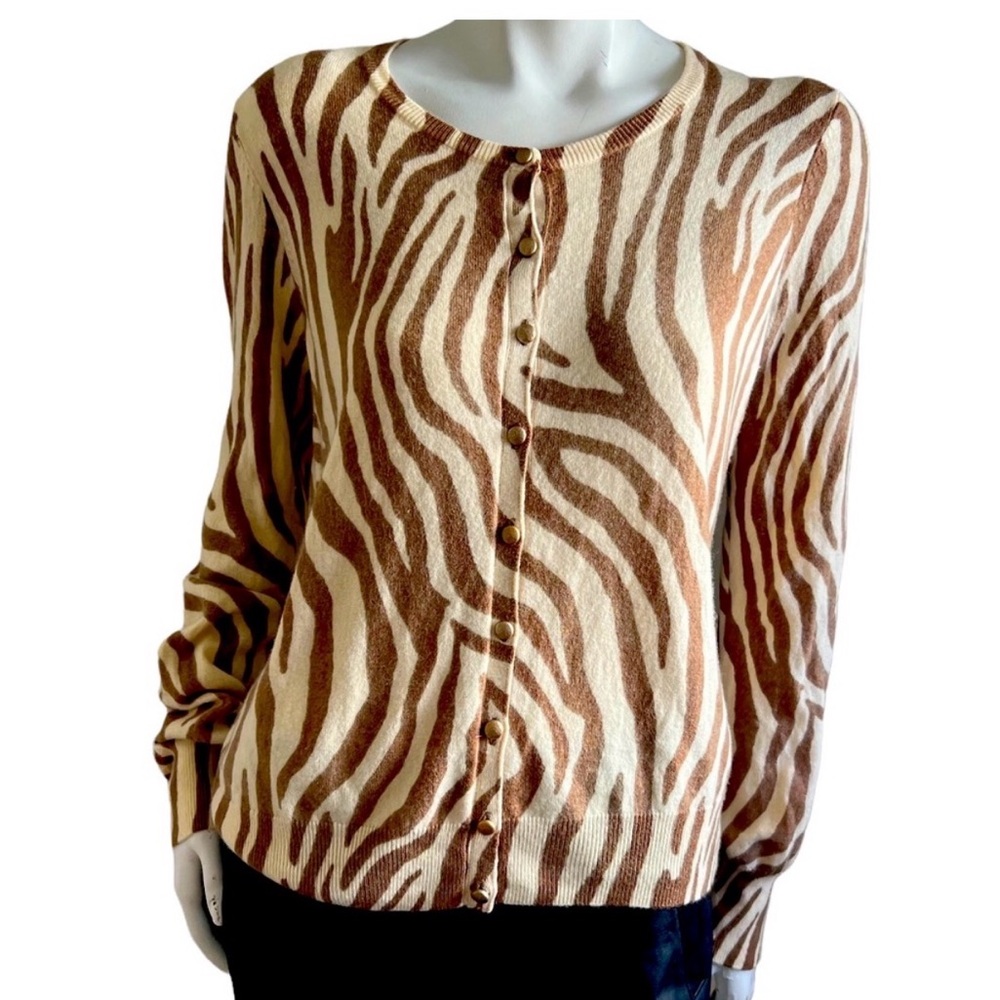 {Lucky Brand} Button up Cardigan Sweater Ivory Animal Print Size Large